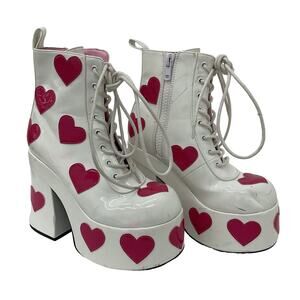 Dolls Kill White Pink Hearts Drag Queen Platform Boots, Patent Leather, Size 7M